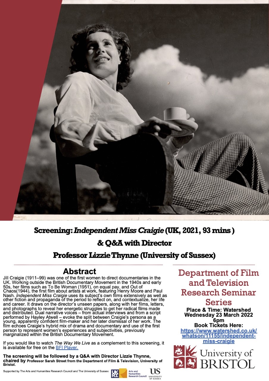 Poster for screening of Independent Miss Craigie.
Department of Film & TV Research Seminar